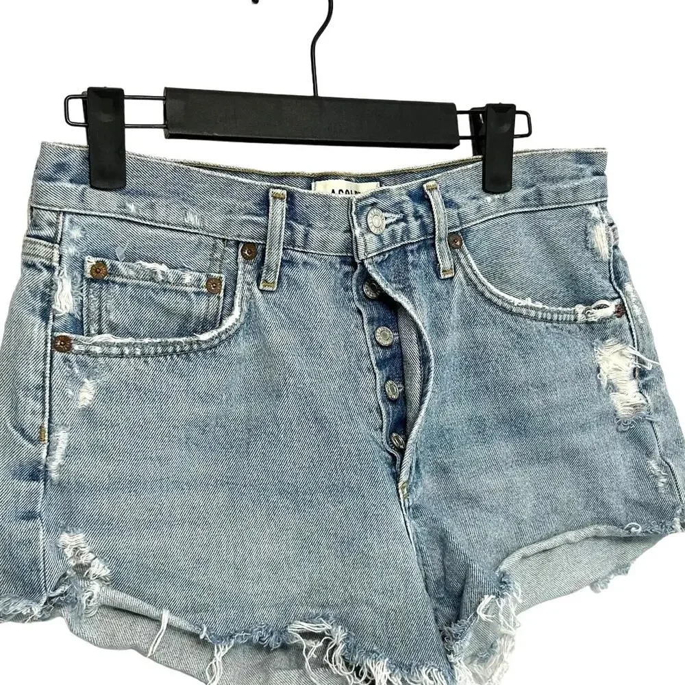 AGOLDE Distressed Parker Shorts Women's Sz 26 Button Fly Light Wash Raw Hem - Picture 4 of 7